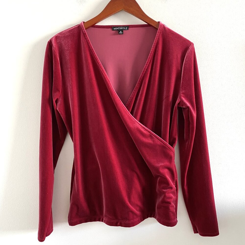 J. Crew Mercantile Velvet Wrap Long Sleeve Top Raspberry Red
